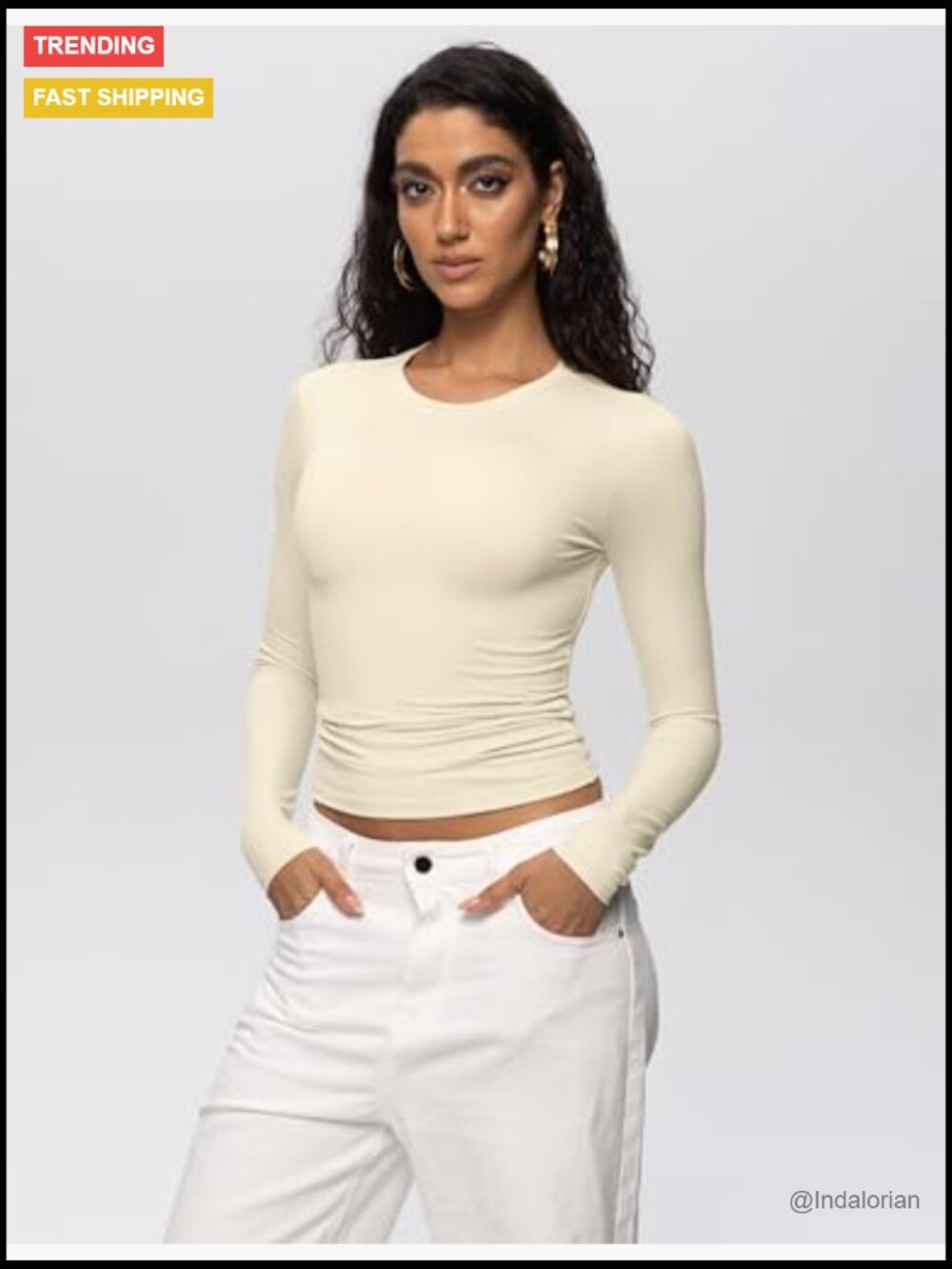 Long Sleeve Crop Top Crew Neck Slim Fit Basic Tee Going Out Casual - Picture 4 of 6